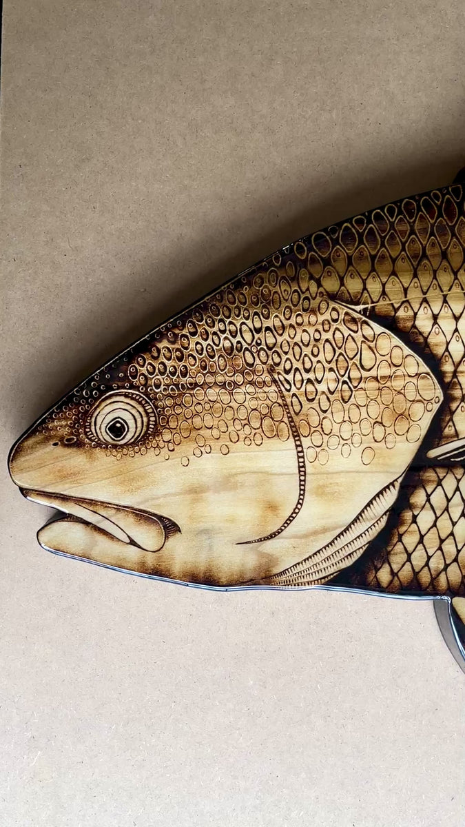 アートパネル　レッドフィッシュ Redfish 47” || Original Woodburned Fish Artwork – Bold Coast Burns